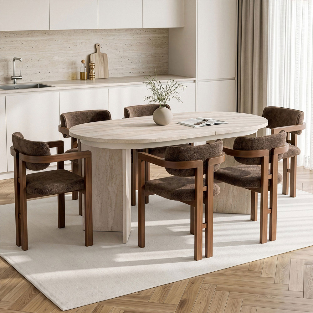 Aleria Travertine Marble Effect Wooden Extending Dining Table with 6 Chairs in Walnut and Brown