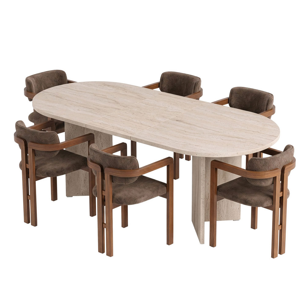 Aleria Travertine Marble Effect Wooden Extending Dining Table with 6 Chairs in Walnut and Brown