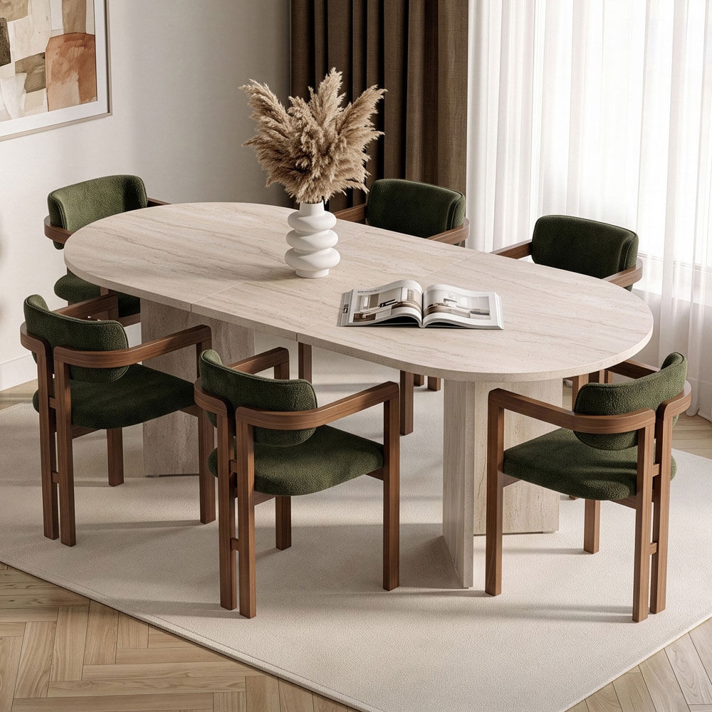 Aleria Travertine Marble Effect Wooden Extending Dining Table with 6 Chairs in Walnut and Green