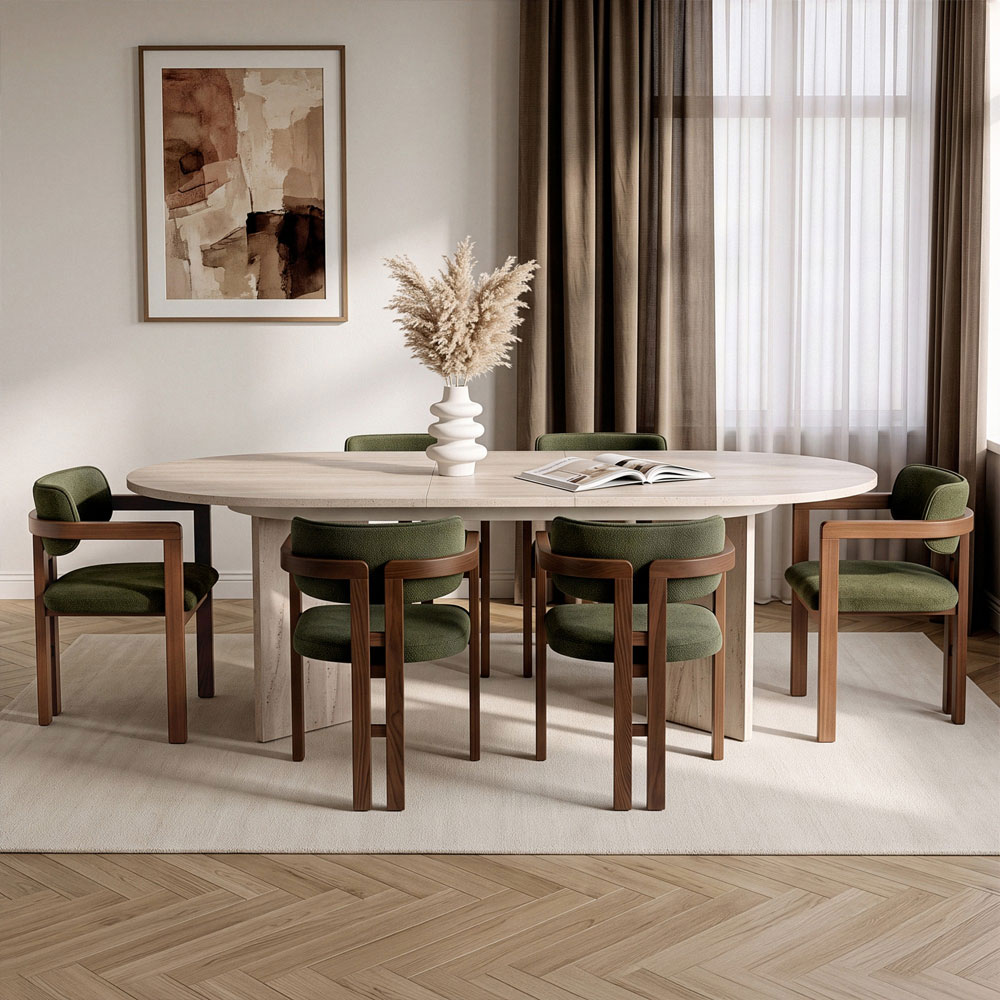 Aleria Travertine Marble Effect Wooden Extending Dining Table with 6 Chairs in Walnut and Green