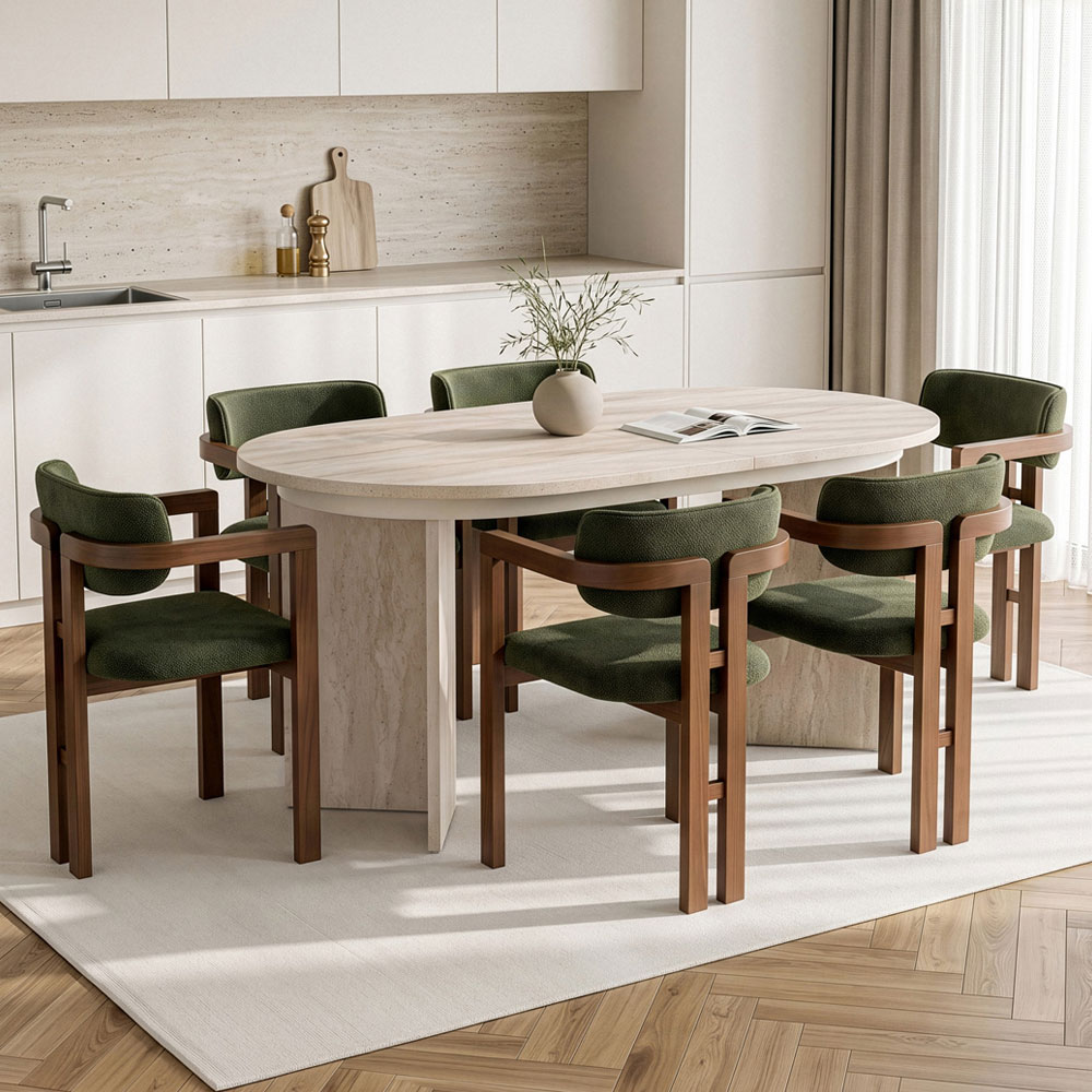 Aleria Travertine Marble Effect Wooden Extending Dining Table with 6 Chairs in Walnut and Green