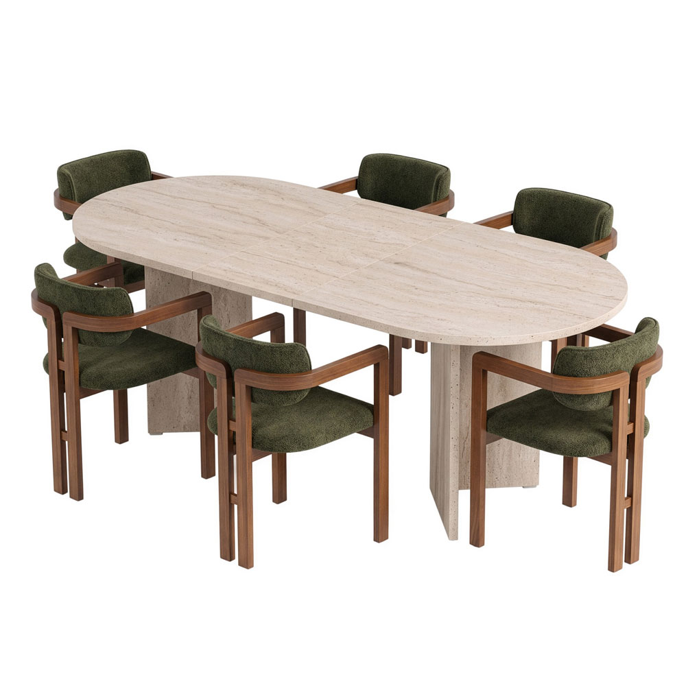 Aleria Travertine Marble Effect Wooden Extending Dining Table with 6 Chairs in Walnut and Green