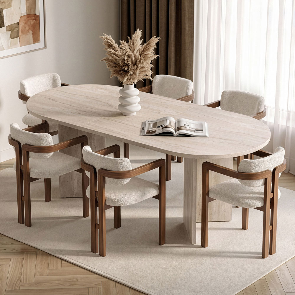 Aleria Travertine Marble Effect Wooden Extending Dining Table with 6 Chairs in Walnut and White