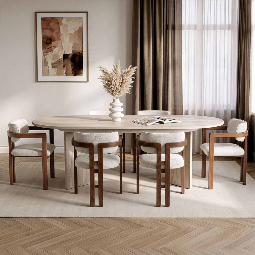 Aleria Travertine Marble Effect Wooden Extending Dining Table with 6 Chairs in Walnut and White