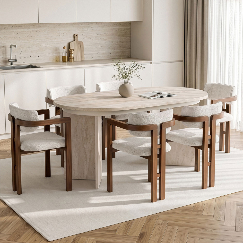 Aleria Travertine Marble Effect Wooden Extending Dining Table with 6 Chairs in Walnut and White