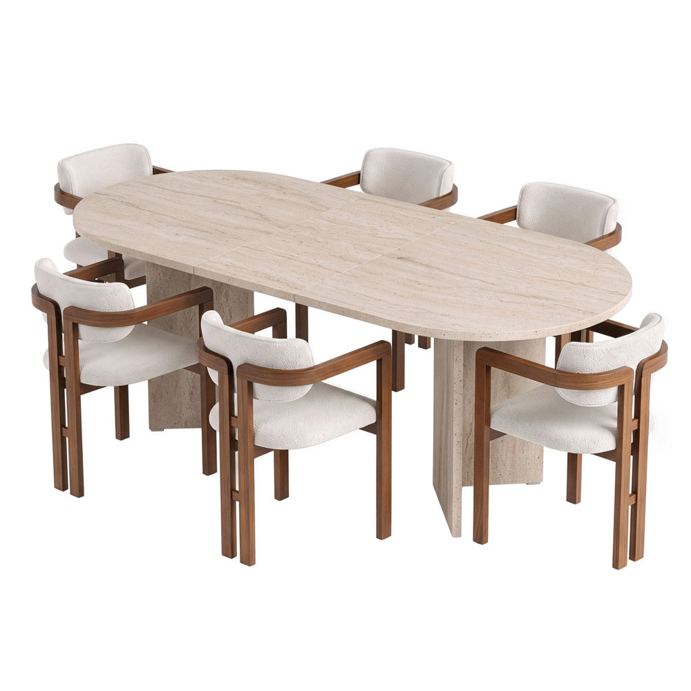 Aleria Travertine Marble Effect Wooden Extending Dining Table with 6 Chairs in Walnut and White