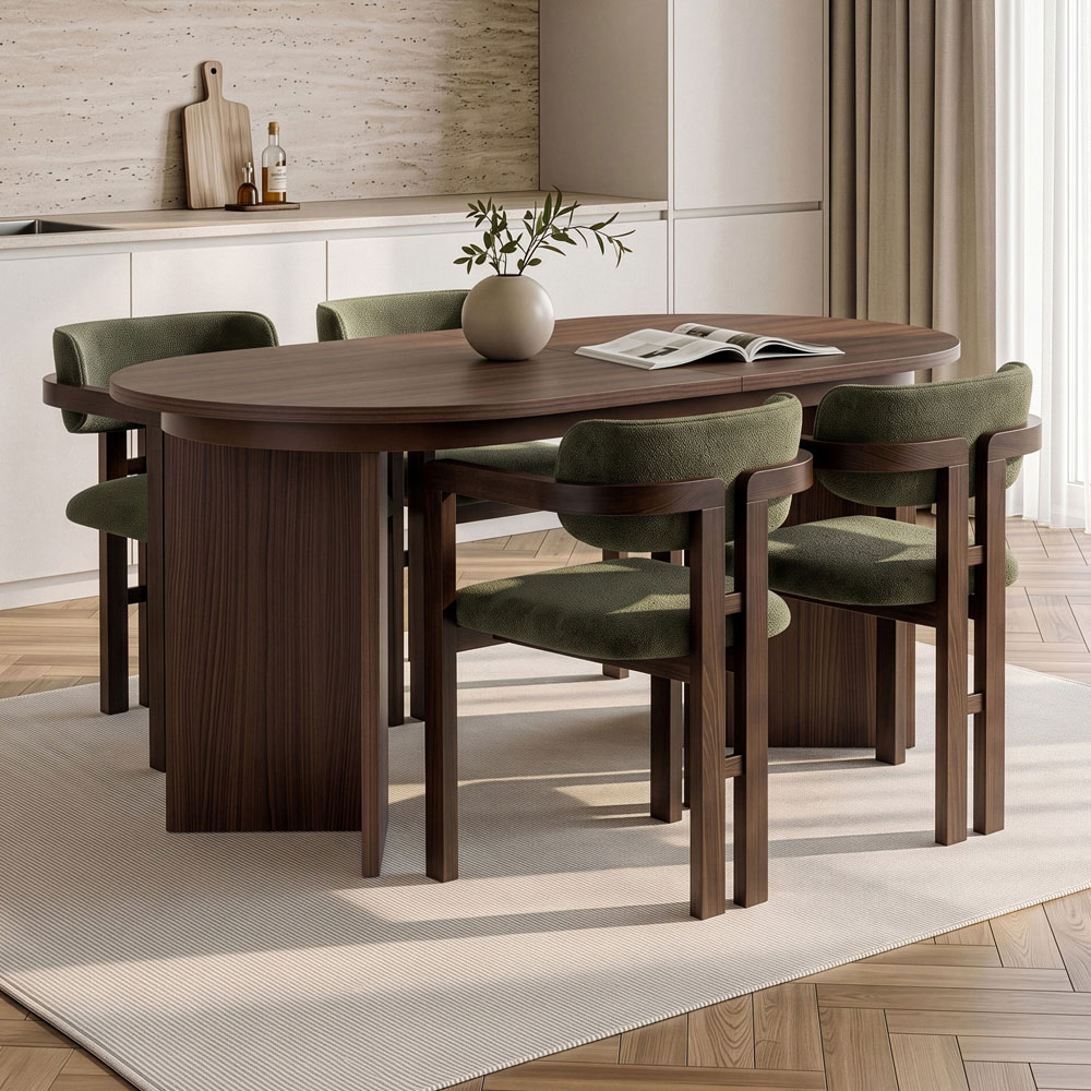 Aleria Wooden Extending Dining Table with 4 Chairs in Walnut and Green