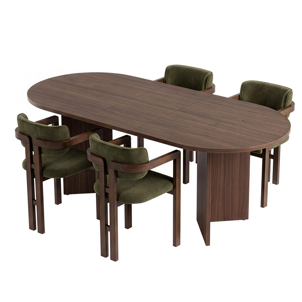 Aleria Wooden Extending Dining Table with 4 Chairs in Walnut and Green