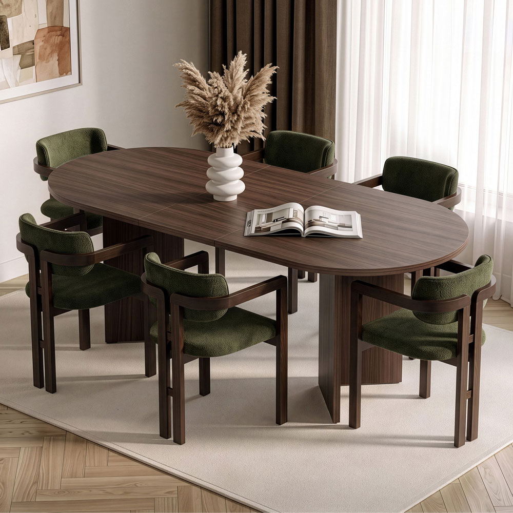 Aleria Wooden Extending Dining Table with 6 Chairs in Walnut and Green