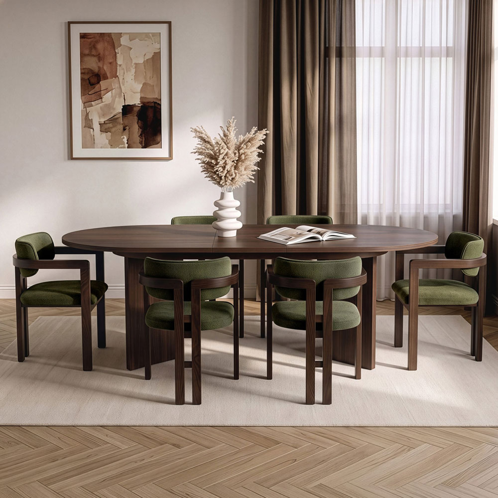Aleria Wooden Extending Dining Table with 6 Chairs in Walnut and Green