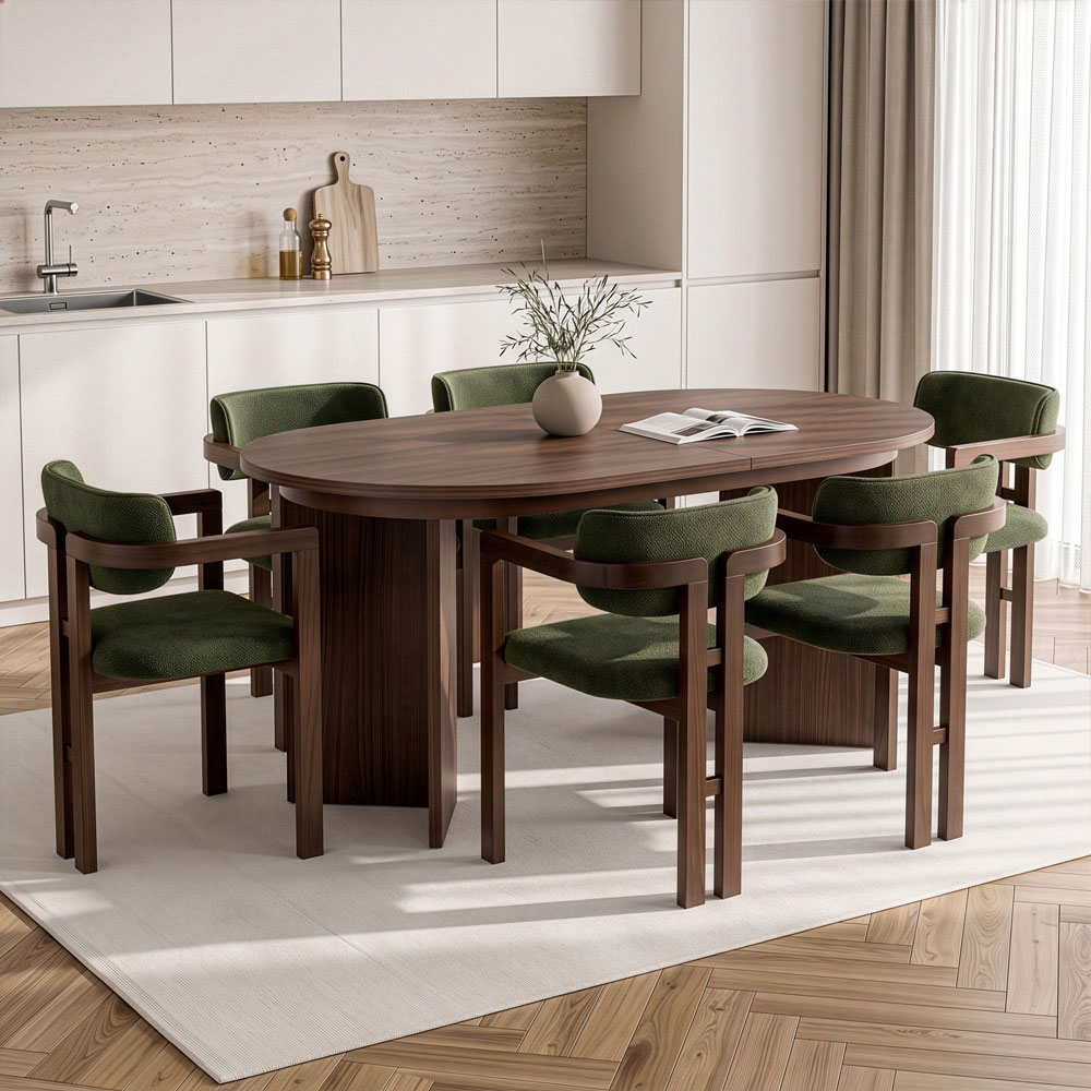 Aleria Wooden Extending Dining Table with 6 Chairs in Walnut and Green