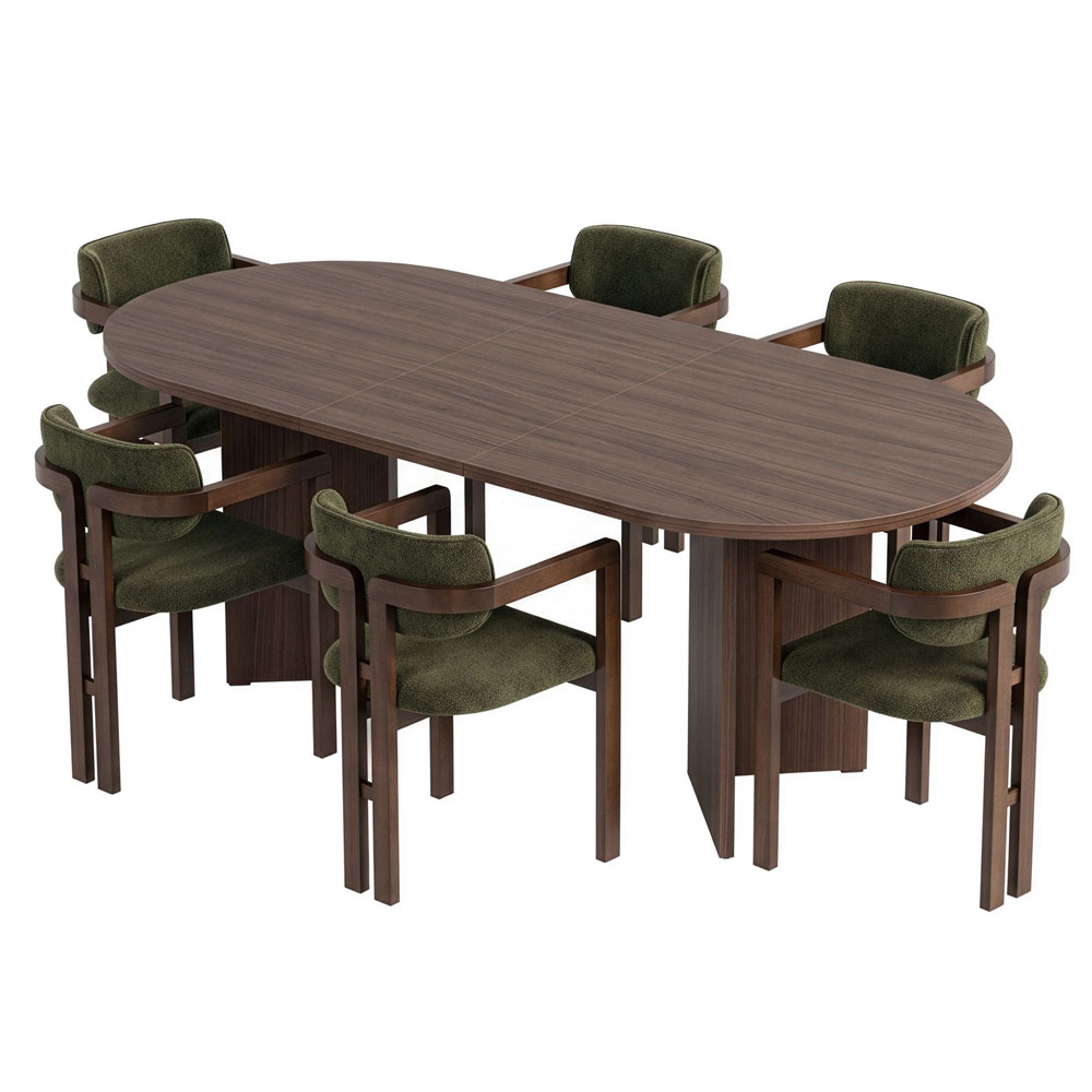 Aleria Wooden Extending Dining Table with 6 Chairs in Walnut and Green