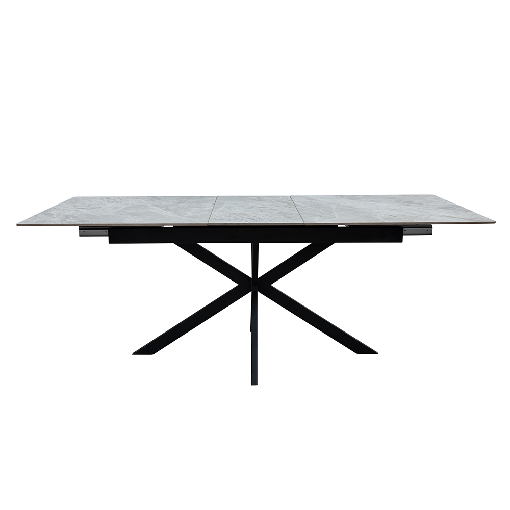 Alessio Italy Grey Marbled Stone Top Extending Dining Table with Black Metal Legs
