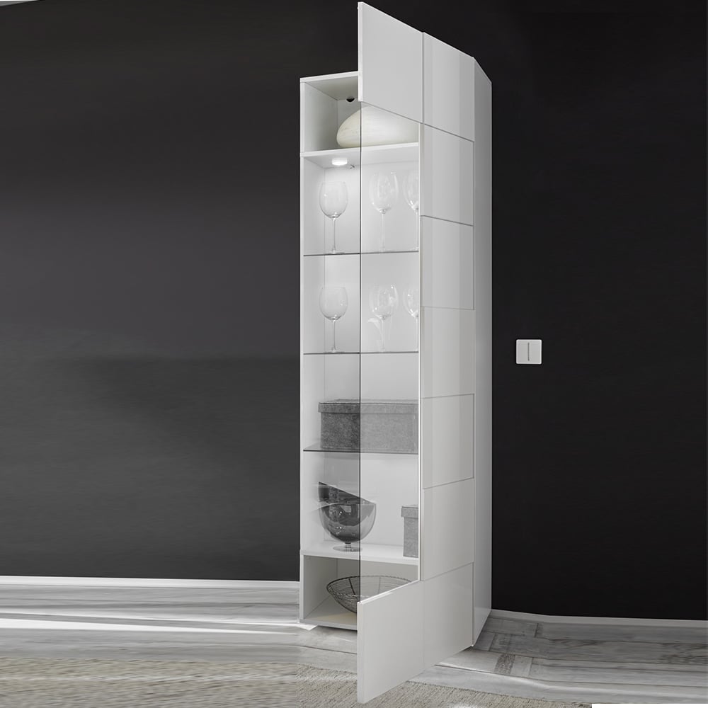 Aleta High Gloss Display Cabinet With 1 Door In White And LED