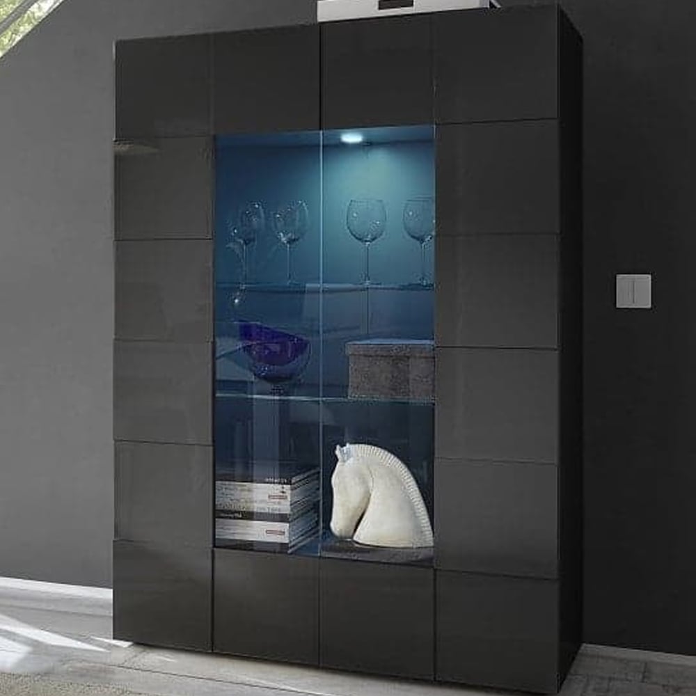 Aleta High Gloss Display Cabinet With 2 Doors In Grey And LED