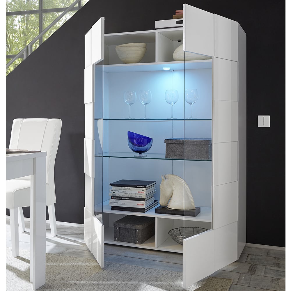 Aleta High Gloss Display Cabinet With 2 Doors In White And LED