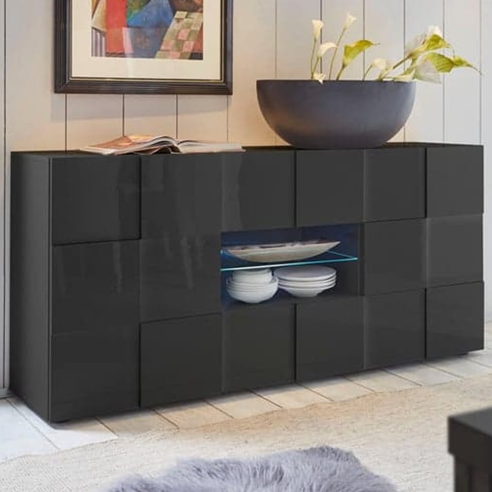 Aleta High Gloss Sideboard With 2 Doors 2 Drawers In Grey And LED