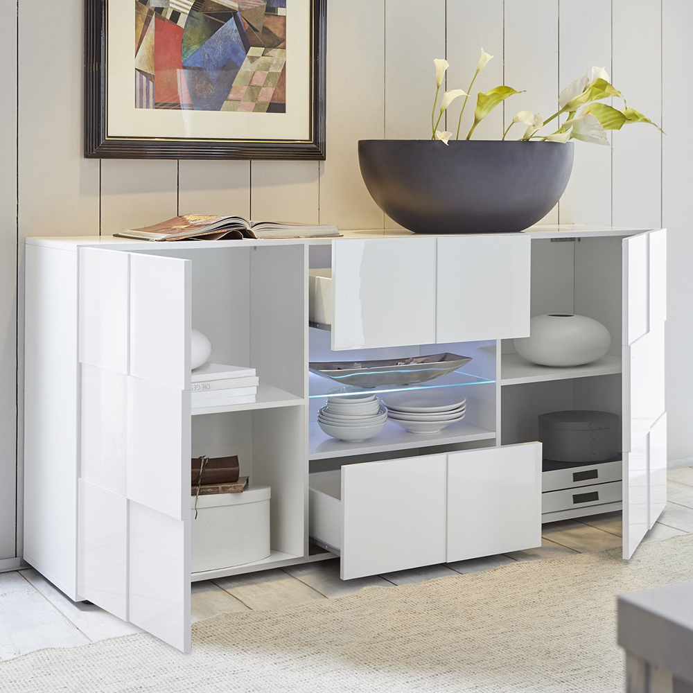 Aleta High Gloss Sideboard With 2 Doors 2 Drawers In White And LED