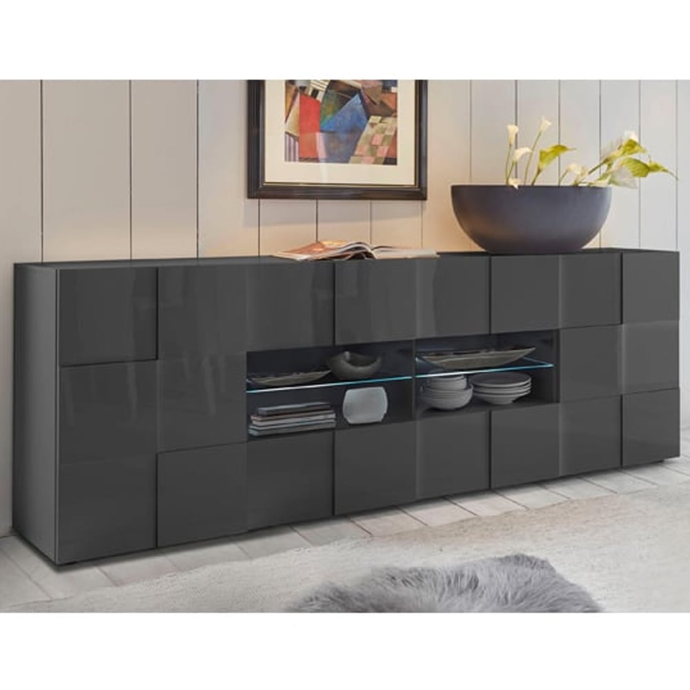 Aleta High Gloss Sideboard With 2 Doors 4 Drawers In Grey And LED