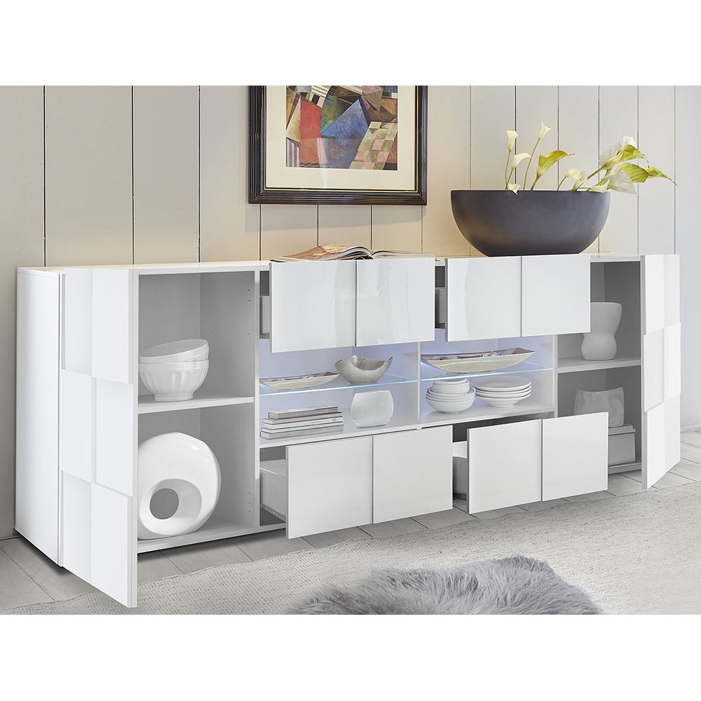 Aleta High Gloss Sideboard With 2 Doors 4 Drawers In White And LED
