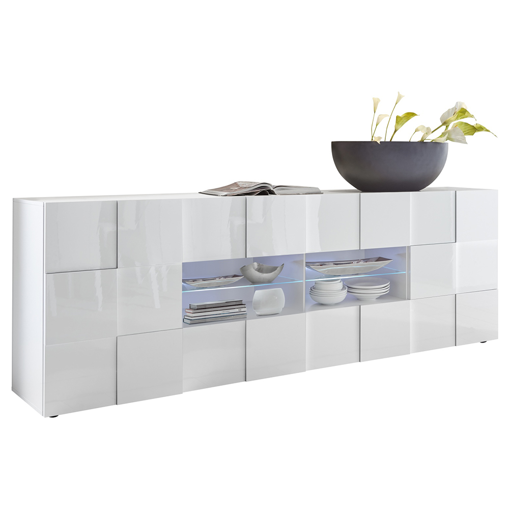 Aleta High Gloss Sideboard With 2 Doors 4 Drawers In White And LED