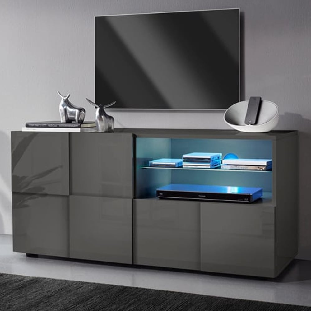 Aleta High Gloss TV Stand With 1 Door 1 Drawer In Grey And LED