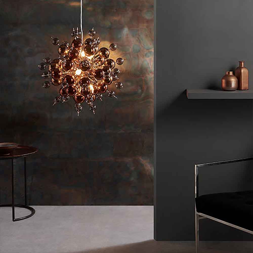 Alexandria Glossy Smoked Glass Pendant Ceiling Light In Copper