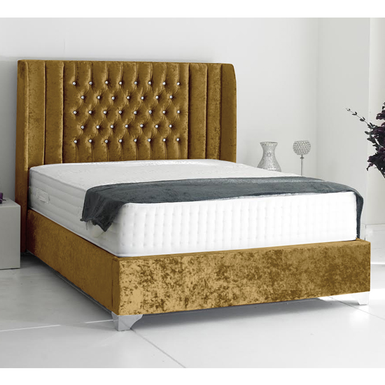 Photo of Alexandria plush velvet upholstered double bed in mustard