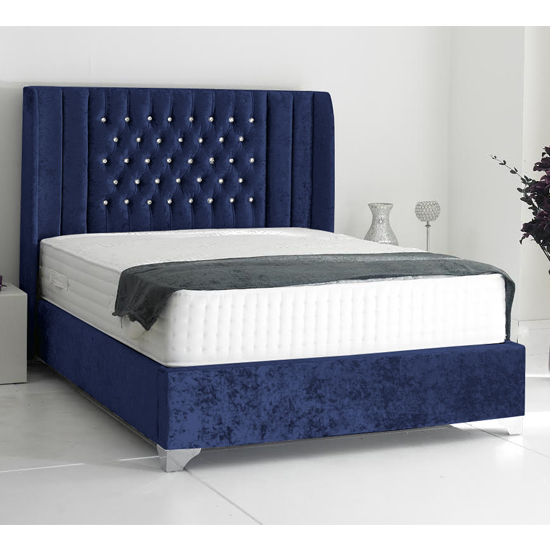 Photo of Alexandria plush velvet upholstered king size bed in blue