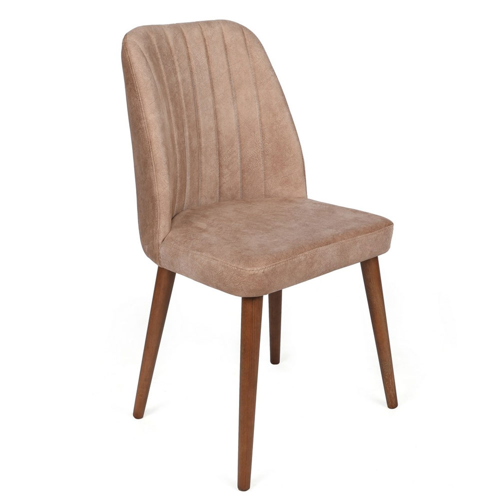 Alfa Beige Velvet Dining Chairs with Walnut Legs in Pair