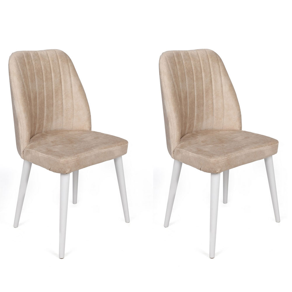Alfa Beige Velvet Dining Chairs with White Legs in Pair