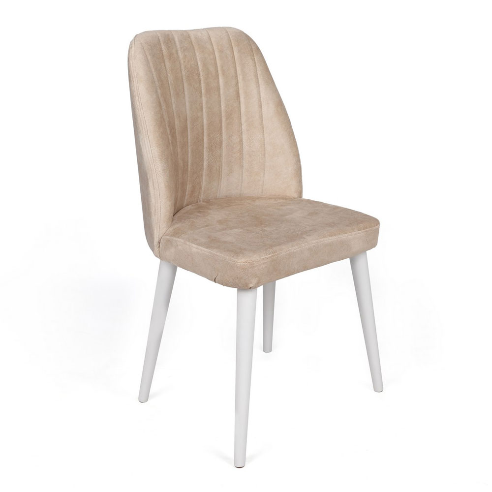 Alfa Beige Velvet Dining Chairs with White Legs in Pair