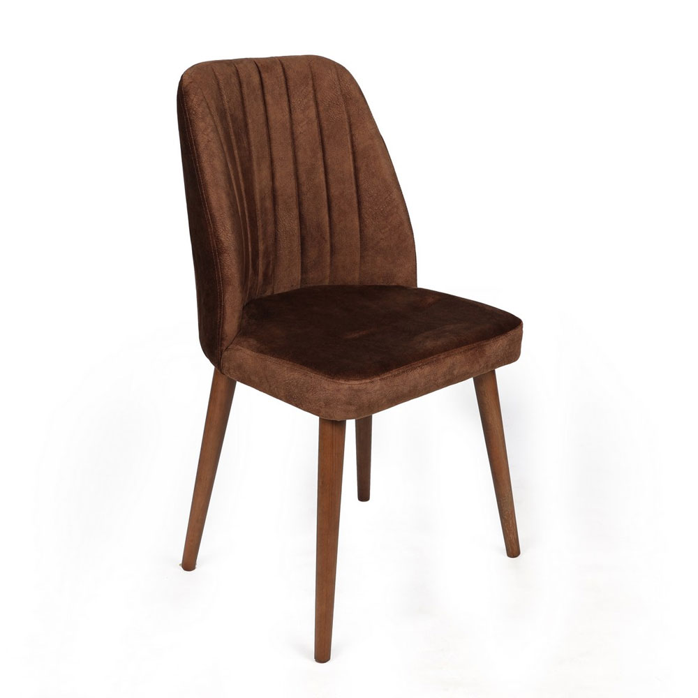 Alfa Brown Velvet Dining Chairs with Walnut Legs in Pair