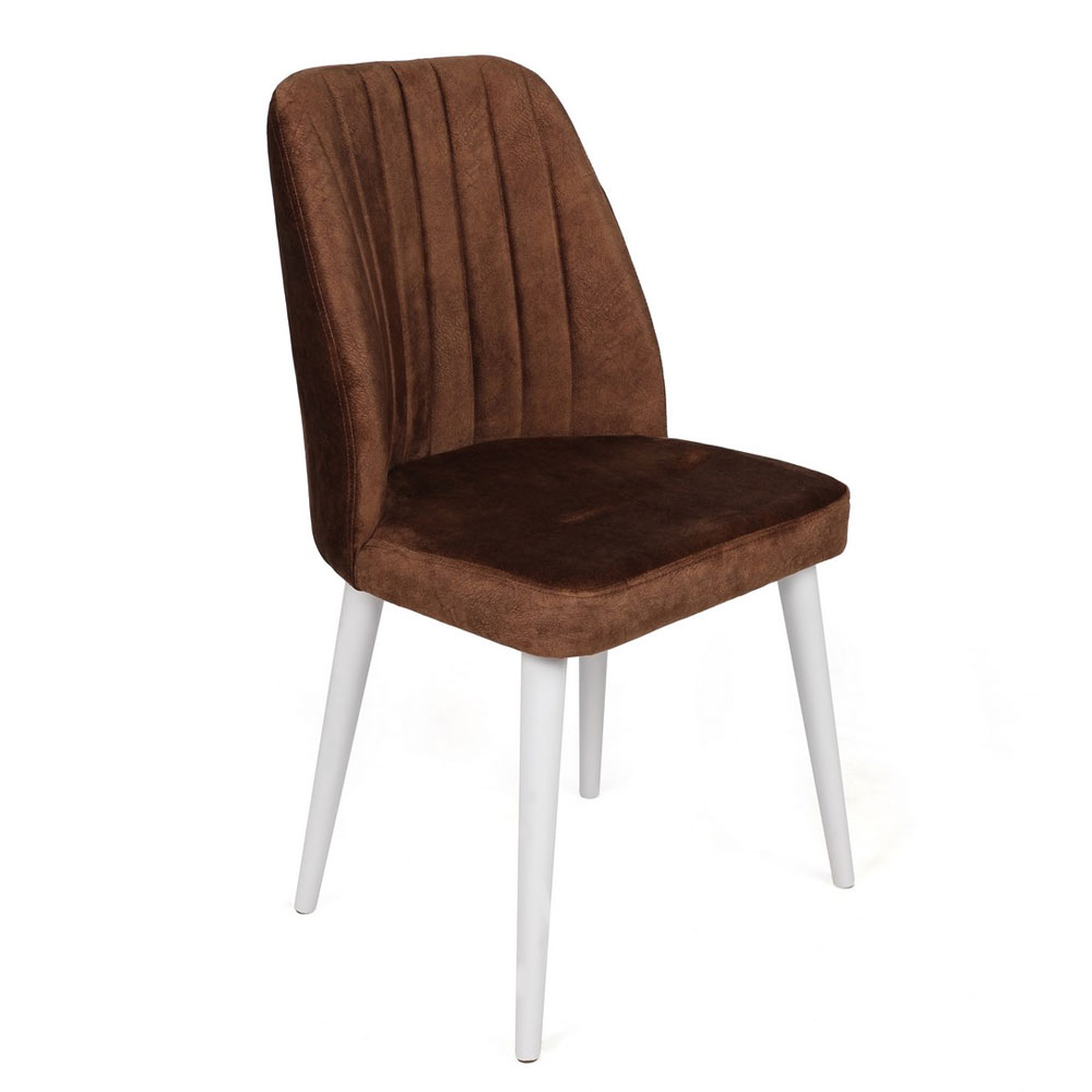 Alfa Brown Velvet Dining Chairs with White Legs in Pair