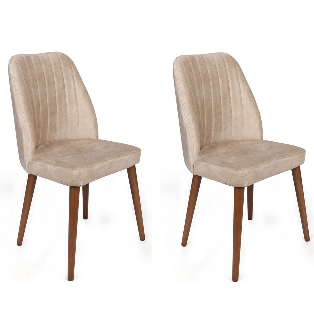 Alfa Cream Velvet Dining Chairs with Walnut Legs in Pair