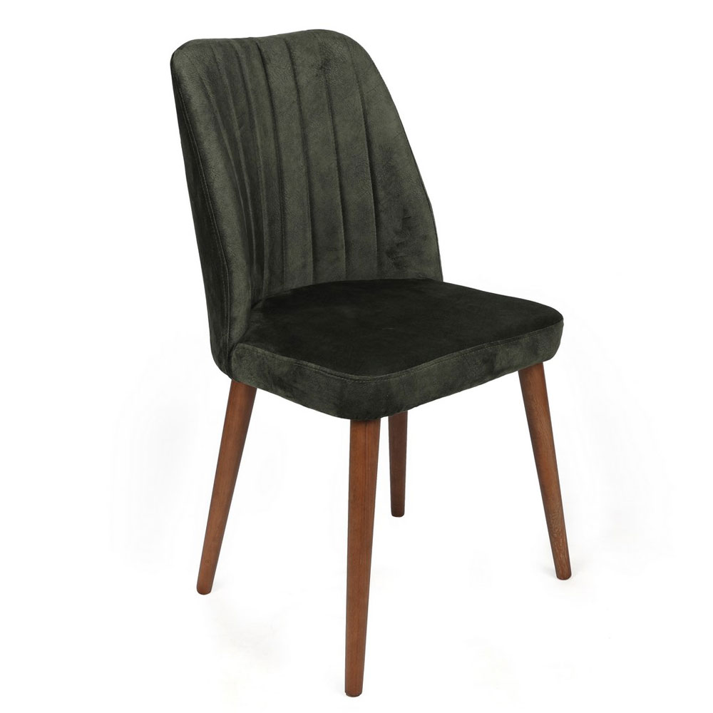 Alfa Khaki Velvet Dining Chairs with Walnut Legs in Pair