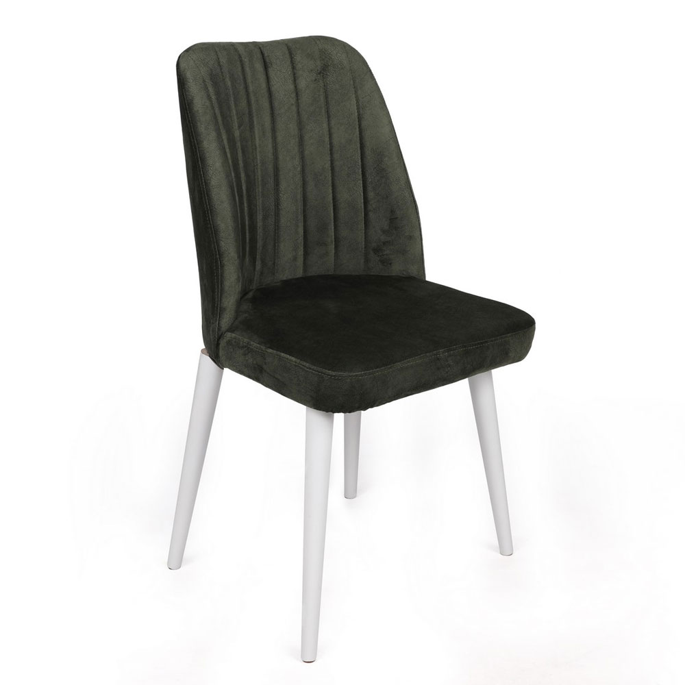 Alfa Khaki Velvet Dining Chairs with White Legs in Pair
