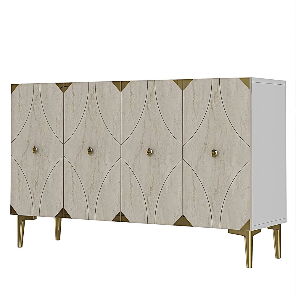 Alfa Wooden Sideboard with 4 Doors in Gold And Travertine Marble Effect