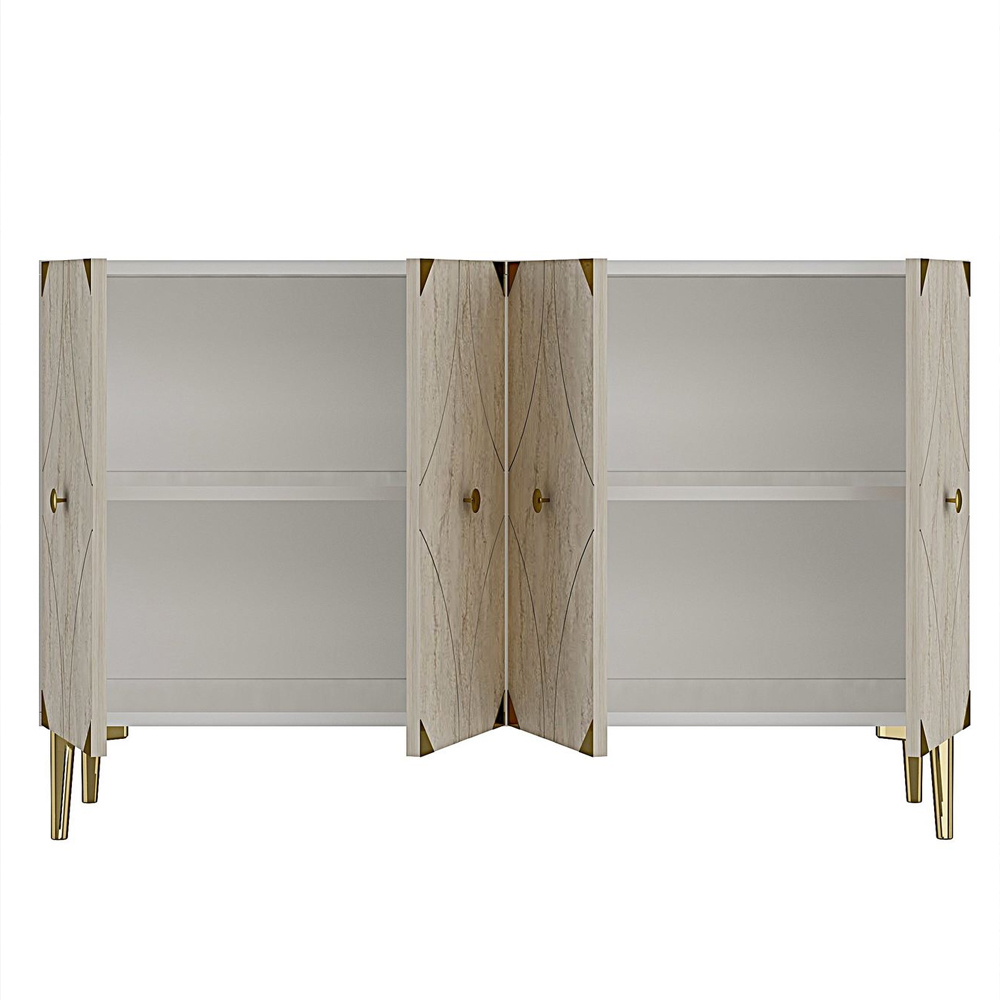 Alfa Wooden Sideboard with 4 Doors in Gold And Travertine Marble Effect