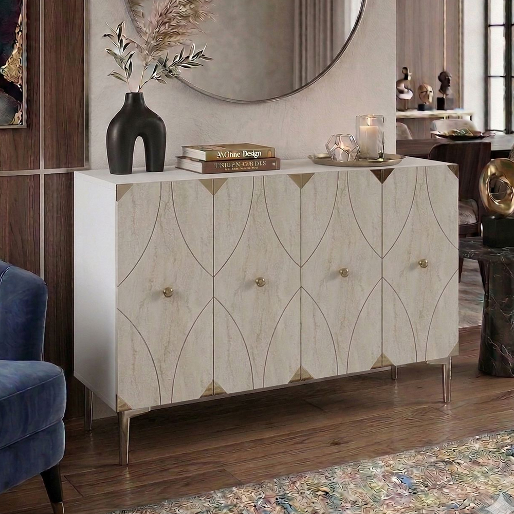 Alfa Wooden Sideboard with 4 Doors in Silver And Travertine Marble Effect