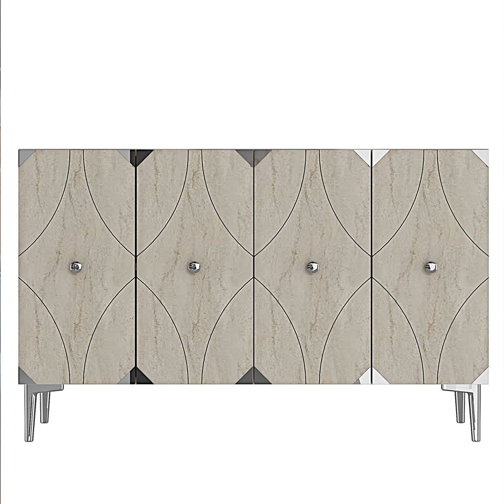 Alfa Wooden Sideboard with 4 Doors in Silver And Travertine Marble Effect