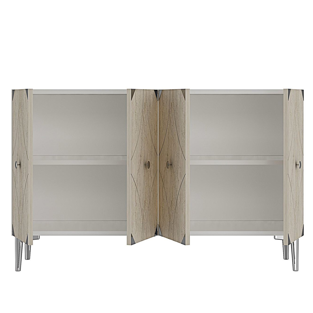 Alfa Wooden Sideboard with 4 Doors in Silver And Travertine Marble Effect