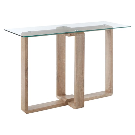 Read more about Alfratos clear glass top console table with natural wooden base