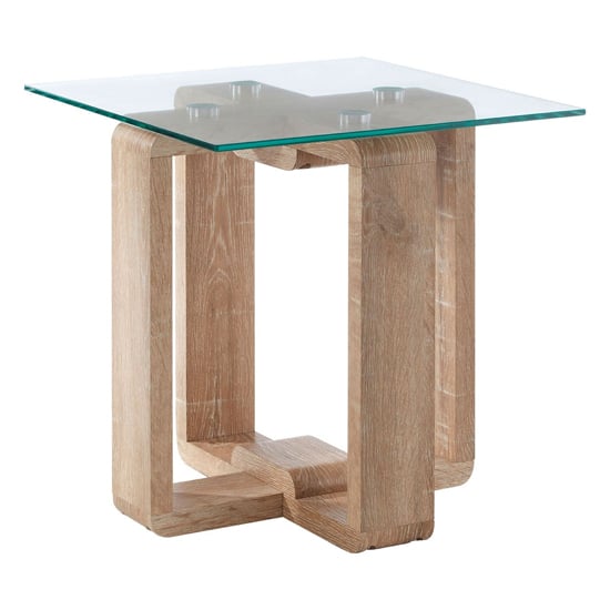 Alfratos Clear Glass Top Side Table With Natural Wooden Base_1