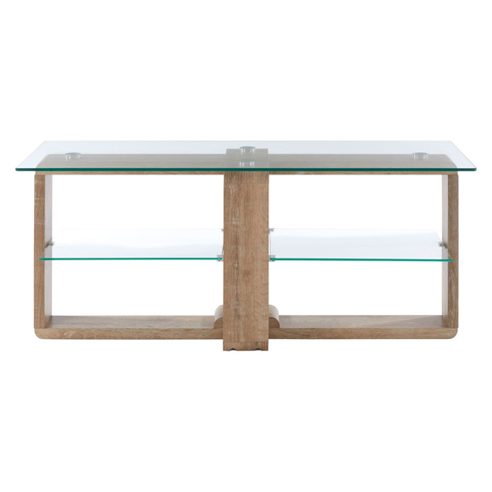 Alfratos Clear Glass Top TV Stand With Natural Wooden Base