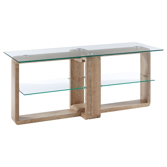 Read more about Alfratos clear glass top tv stand with natural wooden base