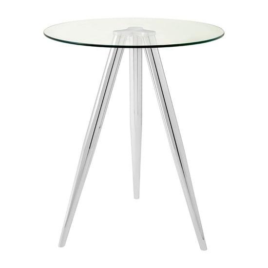 Photo of Alfratos round clear glass top bar table with chrome metal legs