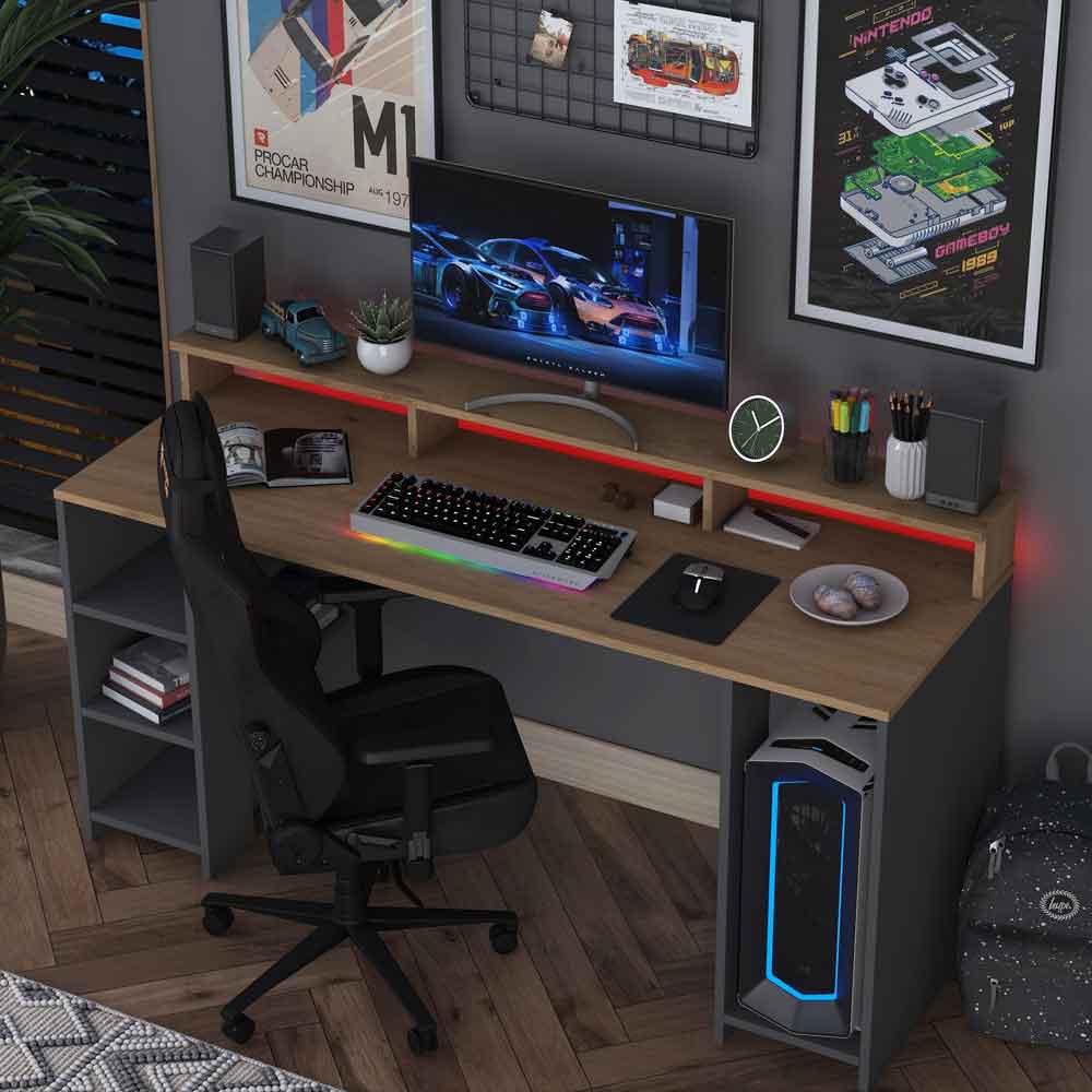 Algarve Wooden Computer Desk in Anthracite and Walnut with LED