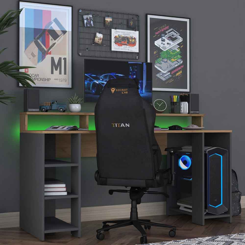 Algarve Wooden Computer Desk in Anthracite and Walnut with LED