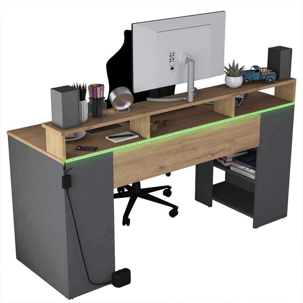 Algarve Wooden Computer Desk in Anthracite and Walnut with LED